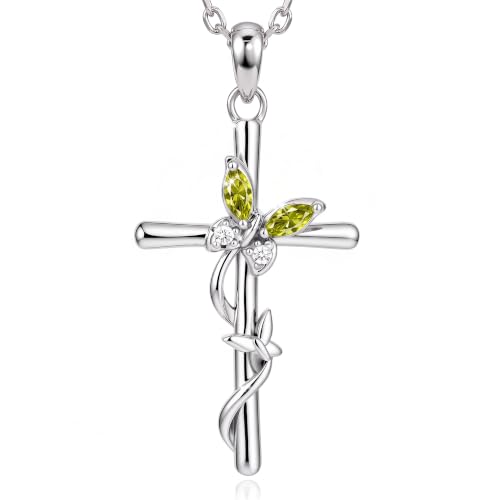 Distance Cross Necklace for Women 925 Sterling Silver Jewelry Pendant Necklace for Mom Wife Gift for Mother's Day or Birthday - style: 08-Peridot