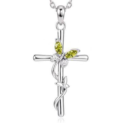 Distance Cross Necklace for Women 925 Sterling Silver Jewelry Pendant Necklace for Mom Wife Gift for Mother's Day or Birthday - style: 08-Peridot