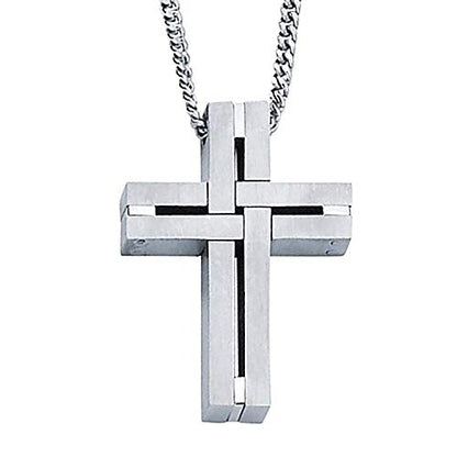Men's Cross Pendant Necklace in 316L Stainless Steel Interlocking Woven Cross on 24” Curb Chain, Choice of Color - color: Classic Stainless Steel