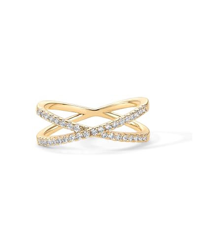 PAVOI 14K Gold Plated X Ring Simulated Diamond CZ Criss Cross Ring for Women - color: Yellow Gold, size: 9