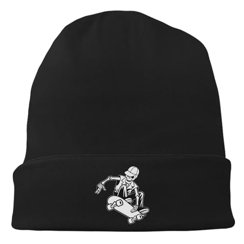 Black Flexible Classic Adult Beanie Cap for Men Women - Warm Knitted Hat for Winter, Chemo Cap Headwear - color: Skull Skateboard