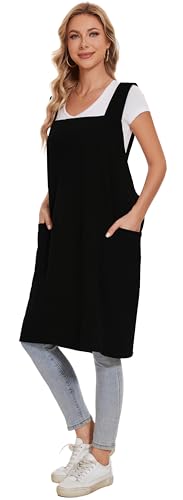 Linen Cotton Aprons for Women Smock Cross-Back Apron with Pockets - color: 07-black, size: Medium