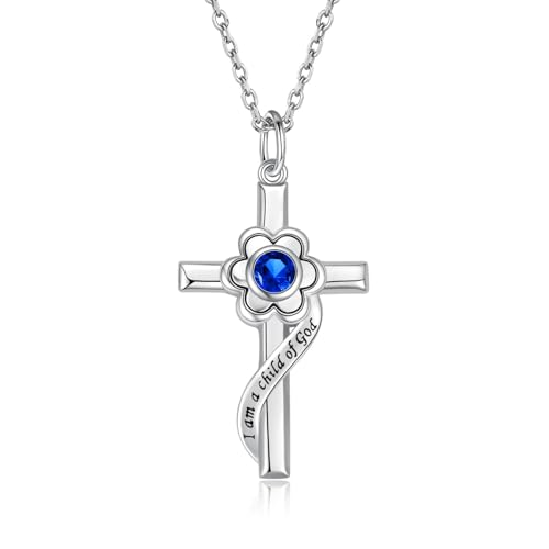 I am a Child of God Necklace - 925 Sterling Silver Birthstone Flower Cross Pendant Religious Jewelry Baptism First Communion Confirmation Gifts for Girls - style: Sept.