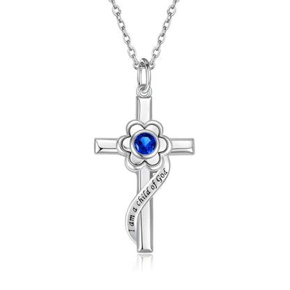 I am a Child of God Necklace - 925 Sterling Silver Birthstone Flower Cross Pendant Religious Jewelry Baptism First Communion Confirmation Gifts for Girls - style: Sept.