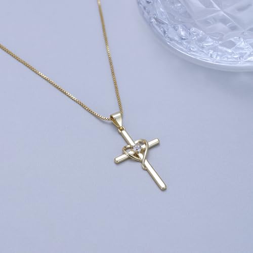 Cross Heart Necklace, 18K Gold Plated Crystal Pendant for Women - color: Yellow