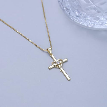 Cross Heart Necklace, 18K Gold Plated Crystal Pendant for Women - color: Yellow