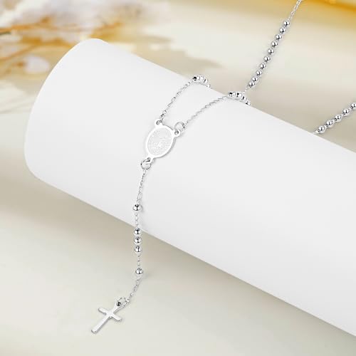 Rosary Cross Necklace for Women, Gold Plated Silver Black Virgin Mary Rosary Bead Necklace Catholic Jewelry - color: Silver