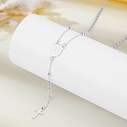 Rosary Cross Necklace for Women, Gold Plated Silver Black Virgin Mary Rosary Bead Necklace Catholic Jewelry - color: Silver