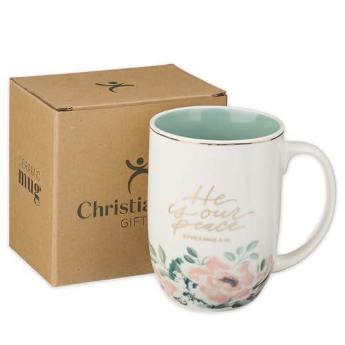 Christian Art Gifts Large 15 oz Ceramic Floral Coffee & Tea Mug for Women - color: He is Our Peace/White & Mint Green Multi Floral