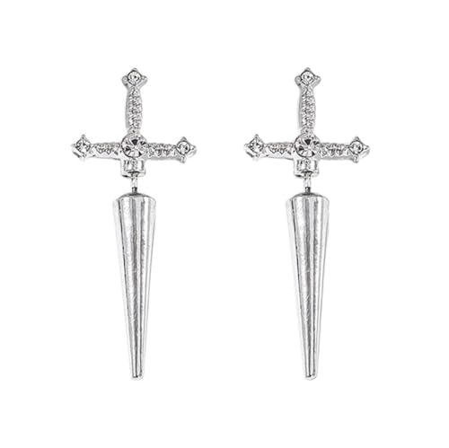 Gothic CZ Cross Sword Stud Earrings for Women Unisex - color: Silver