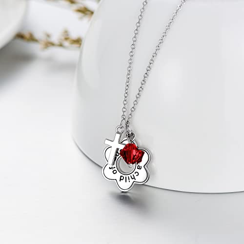 AOBOCO 925 Sterling Silver I Am a Child of God Daisy Necklace Jewelry Birthday Birthday Baptism Communion Gifts for Girls - color: Simulated Garnet