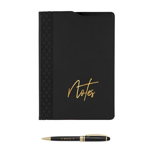 Canopy Street Black Notes Padfolio And Pen Set/Two Piece Journal Writing Stationery Set/Faux Leather Folio Notebook With Black And Gold Pen