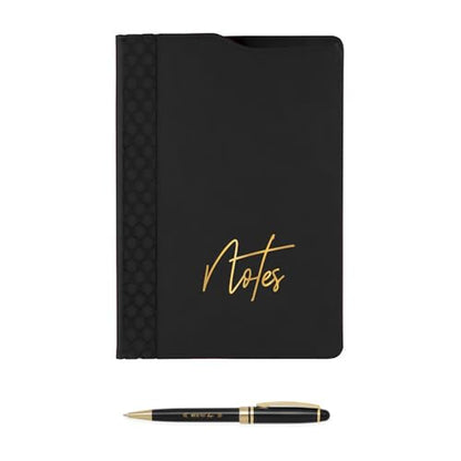 Canopy Street Black Notes Padfolio And Pen Set/Two Piece Journal Writing Stationery Set/Faux Leather Folio Notebook With Black And Gold Pen