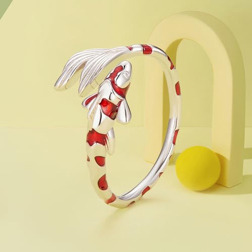 MUNDELL Blue Turtle Koi Fish Adjustable Ring Bird Animal Open Ring Seahorse Chameleon Wrap Finger Rings for Women Statement Ring - color: Red