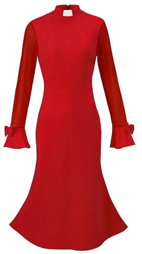 Trumpet Long Sleeve Mesh Church Dress Clergy Tab Insert Collar Priestess Dress - color: Red, size: Small