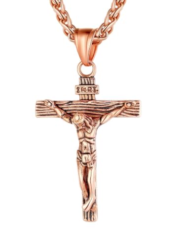 U7 Crucifix Cross Necklace for Men,with 18"-26" Chain - color: 04.Rose Gold