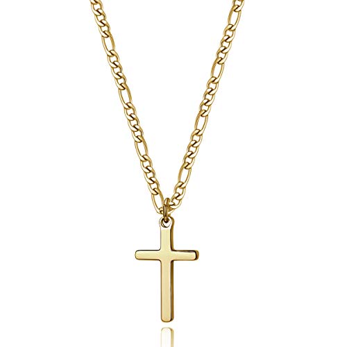 Joxevyia 14K Gold Filled Cross Necklace for Men Figaro Chain Stainless Steel Polished Cross Pendant Necklace Simple Baptism Faith Jewelry Gift - size: 24 inches, style: small cross (1.0"*0.6")
