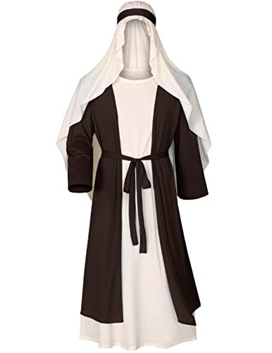 Irtysh Mens Biblical Saint Joseph Costume Jesus Robe Sherherd Costume Staffs Headwrap Hat Waist Rope Set - size: Large