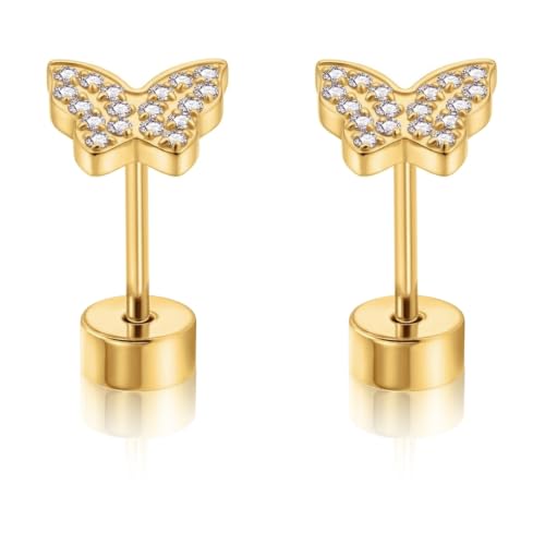 XUU 20G Flat Back Stud Earrings ASTM F136 Titanium & Sparkling CZ - color: gold butterfly