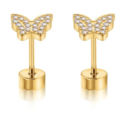 XUU 20G Flat Back Stud Earrings ASTM F136 Titanium & Sparkling CZ - color: gold butterfly