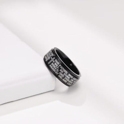 Cross Fidget Anxiety Worry Spinner Rings Stainless Steel I Can Do Bible Prayer Amen High Polished Bands Silver, Size 6 - color: our father,black