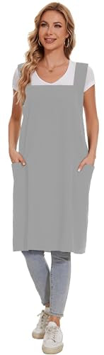 Linen Cotton Aprons for Women Smock Cross-Back Apron with Pockets - color: 07-light Grey, size: XX-Large