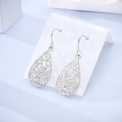 925 Sterling Silver Dangle Earrings for Women Filigree Teardrop Linear Drop Celtic Knot Statement Ear Bling Jewelry Crystal Clover Dragonfly Dangling Hook Helix Piercings - color: Filigree Teardrop