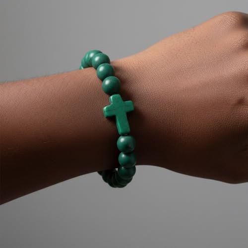 FORUBUS Lava Rock Stone Beaded Bracelet, Cross Charm Natural Volcanic Stone beads Turquoise Stretch Bracelet for Women Men Religion Jewelry Pray Baptism Gift - color: B 1pcs dark green