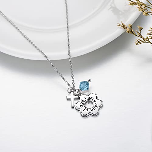 AOBOCO 925 Sterling Silver I Am a Child of God Daisy Necklace Jewelry Birthday Birthday Baptism Communion Gifts for Girls - color: Simulated Aquamarine