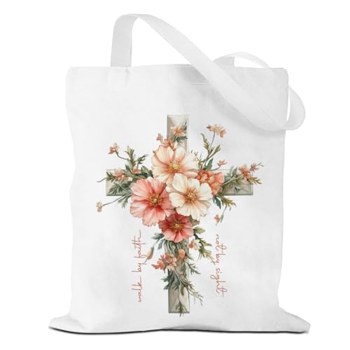 VICBOU Bible Verse Canvas Tote Bag Religious Christian Gifts for Women Men Faith Canvas Tote Reusable Grocery Bag - color: Crossflowers01