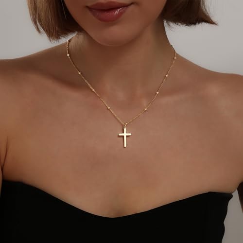Cross Necklace for Women, Dainty 14K Gold Plated CZ Pendant - color: Gold-medium plain cross