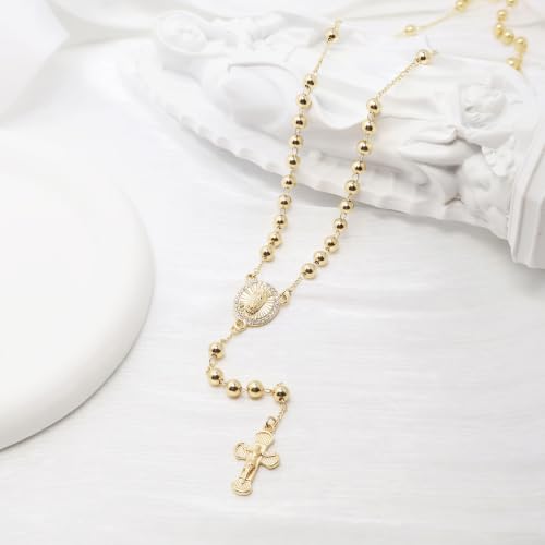 Women's Gold Rosary Beads Necklace,14K Gold Plated Virgin Mary Y Necklaces - color: Gold