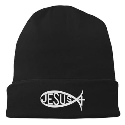 Black Flexible Classic Adult Beanie Cap for Men Women - Warm Knitted Hat for Winter, Chemo Cap Headwear - color: Jesus Fish