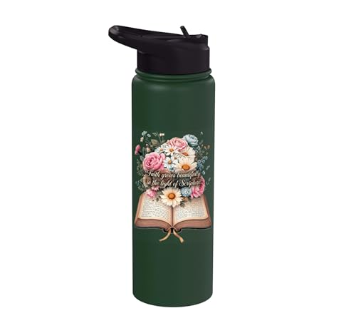 Faith-Based Floral Scripture Design for Women Stainless Steel Insulated Water Bottle - color: Dark Green