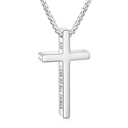 Avotto 316L Stainless Steel Bible Verse Cross Necklace Religious Jewelry Gifts for Men Boys, Silver Gold Black Mens Boys Necklace Non-Fading Sturdy Box Chain with Inspirational Cross Pendant 18+2Inch - color: Silver, style: 4:13