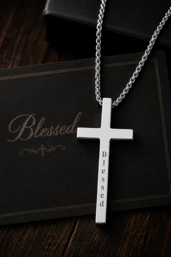Engraved Cross Necklace for Men, Women & Boys & Girls Cross Necklace, Stainless Steel Cross Pendant Necklace, Faith & Inspiration Christian Jewelry Gift - color: Blessed