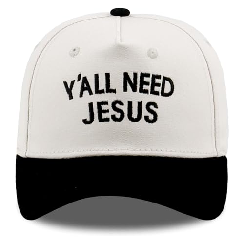 Embroidered Christian Two-Tone Baseball Cap for Men & Women, Adjustable Dad Hat Christmas Easter Gift - color: Y'all Need Jesus, Black/Beige