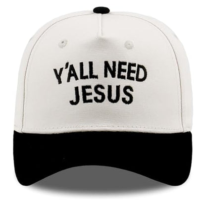 Embroidered Christian Two-Tone Baseball Cap for Men & Women, Adjustable Dad Hat Christmas Easter Gift - color: Y'all Need Jesus, Black/Beige