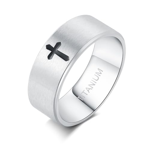 Cross Rings for Men, Premium Pure Titanium Rings for Men Lord Jesus Christian 8MM Black Silver Mens Wedding Ring Comfort Fit Matte Size 6-13 - color: Silver
