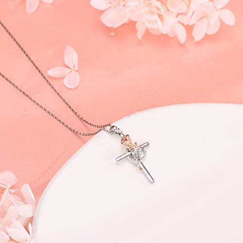 Distance Cross Necklace for Women 925 Sterling Silver Jewelry Pendant Necklace for Mom Wife Gift for Mother's Day or Birthday - style: Rose Butterfly Cross necklace