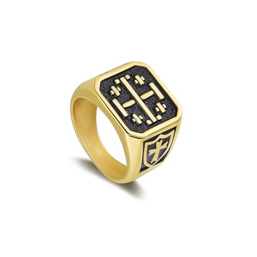 Men's Stainless Steel Cross Signet Ring, Vintage Style with Cross and Shield Patterns for mens ring with 3 Colors Steel/Gold/Black, Sizes 7-13 - color: gold
