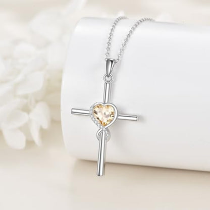 S925 Sterling Silver Cross Necklace for Women Birthstone Necklace Heart Infinity Cross Pendant Necklace Christmas Valentines Day Gifts Birthday Holiday Gifts for Her, 18"+2" Inches - color: 11-Nov Birthstone - Citrine