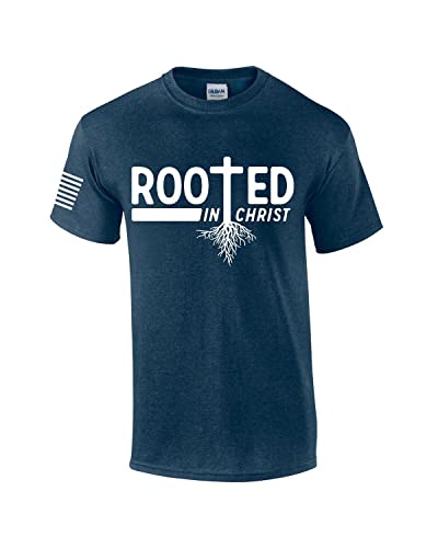 Rooted in Christ Tree Roots Mens Christian Short Sleeve T-Shirt Graphic Tee - color: Heather Navy, size: Medium