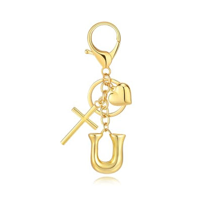 Initial Bag Charms Keychains Women, Cross Cute Heart Letter Key Chain Purse Backpack Handbags Keychain Christian Gift - color: Gold U