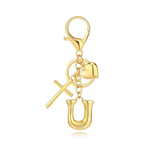 Initial Bag Charms Keychains Women, Cross Cute Heart Letter Key Chain Purse Backpack Handbags Keychain Christian Gift - color: Gold U