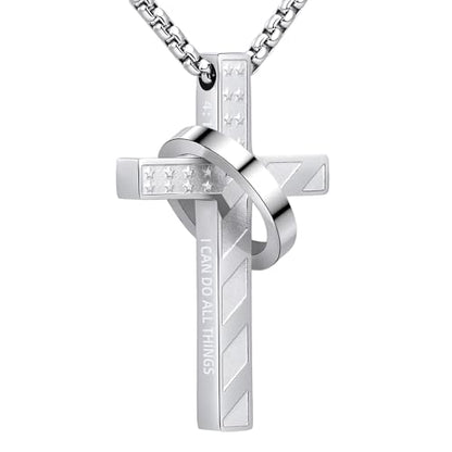 Cross Necklace for Men,Stainless Steel Ring Pendant Necklaces - color: silver, style: 4:13 with ring