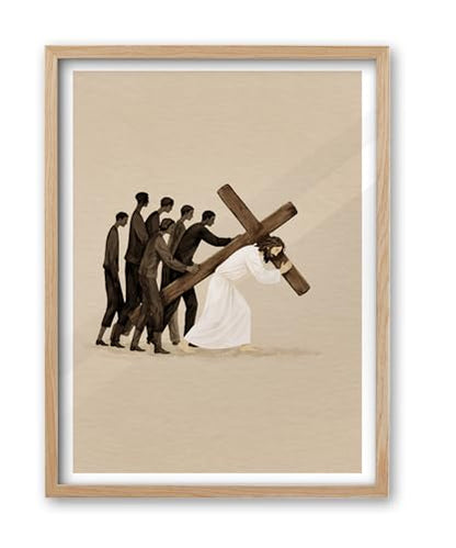 iHery 16x20in Jesus Carrying the Cross Framed Christian Wall Art - color: OAK Framed Cross, size: 20"L x 16"W
