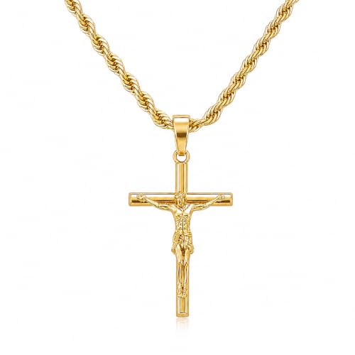 Mens Cross Necklace, 18K Gold Plated Crucifix Pendant - color: Gold