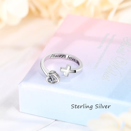 Adjustable Cross Ring for Women 925 Sterling Silver Fine Jewelry Gift for Her, Inspiration Christian Ring Faith Hope Love Cross Ring, Birthstone Ring - color: 04-Apr