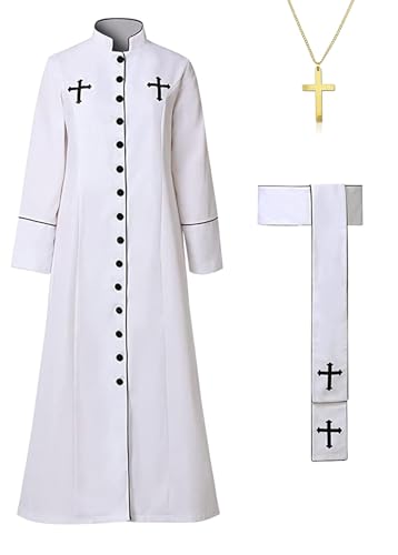 Clergy Robe Set with Cross, Full Length Button-Down, Black with White Trim, Includes Stole and Gold Cross Necklace - color: White, size: 3X-Large